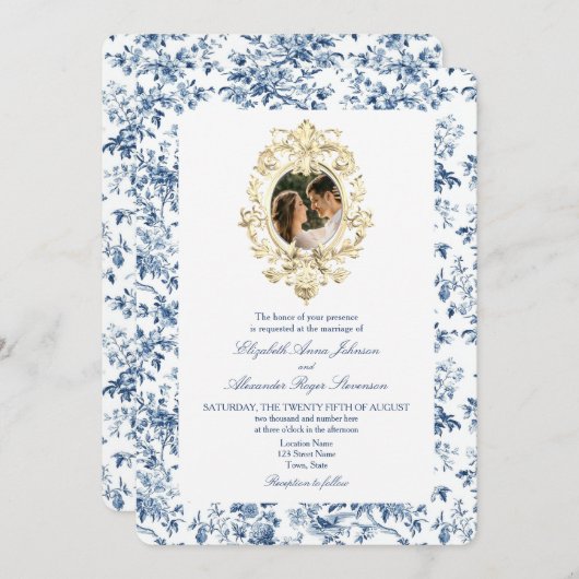 トワフランスのールフローラダスティブルーフォト結婚ズ 招待状 (正面/裏面)