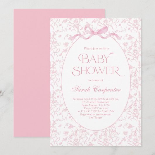 トワル・ド・ジュイの弓が付いたベビーシャワーの女の子の招待状 招待状 (正面/裏面)