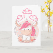 トンのおもしろいガール1st誕生日ピンクヘアユニコーン カード (黄色い花)