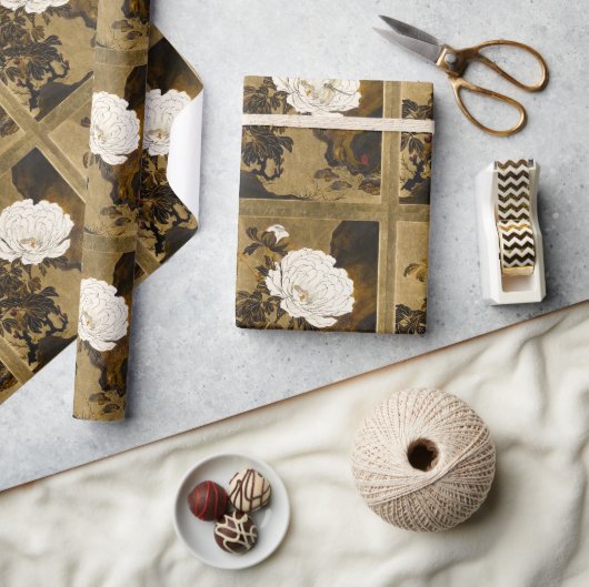 トンフライオンヴィンテージ植物性金ゴールド牡丹日本の ラッピングペーパー (クラフト)