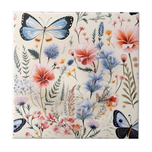 トンフライガーデンピンクブルーフローラ花 タイル (正面)