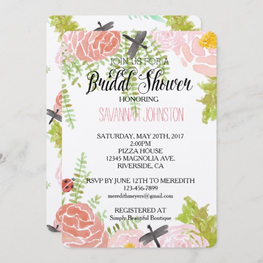 トンフライバラウォーターカラーガーデンブライダルシャワー 招待状 (正面/裏面)