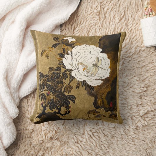 トンボが咲くクラシックな日本の芍薬 ゴールド クッション (ブランケット)