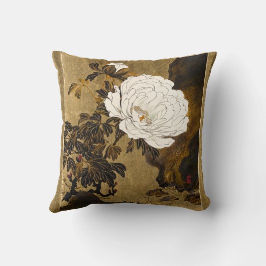トンボが咲くクラシックな日本の芍薬 ゴールド クッション (裏面)