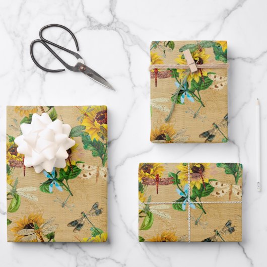 トンボとひまわり 誕生日 ベビーシャワー ラッピングペーパーシート (正面)