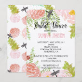 トンボとバラの水彩画 ガーデン ブライダルシャワー 招待状 (正面/裏面)