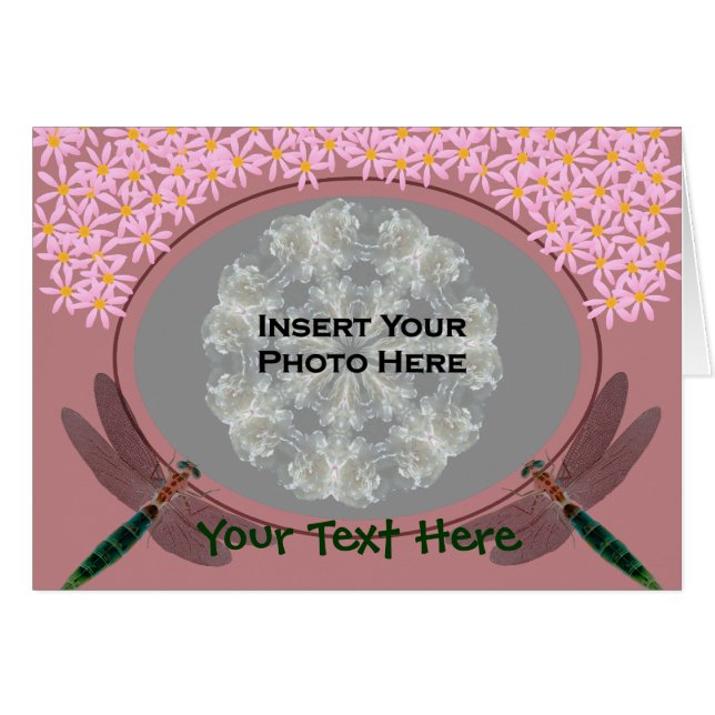 トンボとピンクのデイジーの花の写真カード (正面横)
