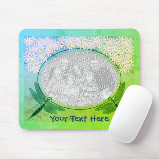 トンボとピンクのデイジー花フォトフレーム マウスパッド (マウス)