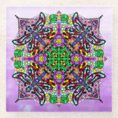 トンボと花をテーマにした紫カラフル ガラスコースター (正面)