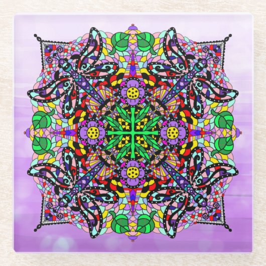 トンボと花をテーマにした紫カラフル ガラスコースター (正面)