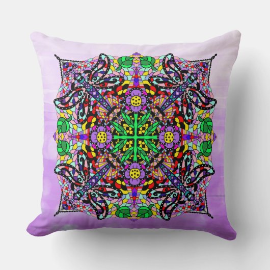 トンボと花をテーマにした紫カラフル クッション (正面)