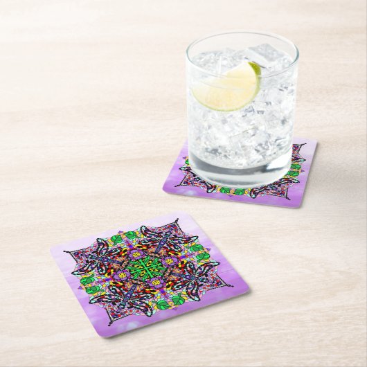 トンボと花をテーマにした紫カラフル スクエアペーパーコースター (インサイチュ)