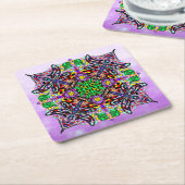 トンボと花をテーマにした紫カラフル スクエアペーパーコースター (アングル)