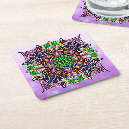 トンボと花をテーマにした紫カラフル スクエアペーパーコースター (アングル)