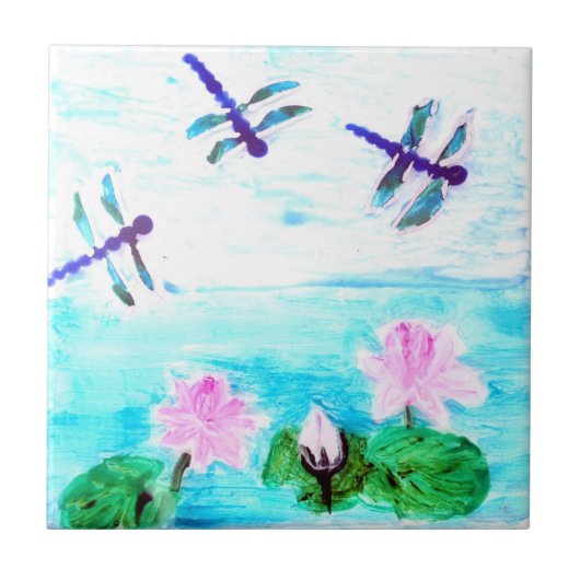トンボによって、ユリは池の絵画が開花します タイル (正面)