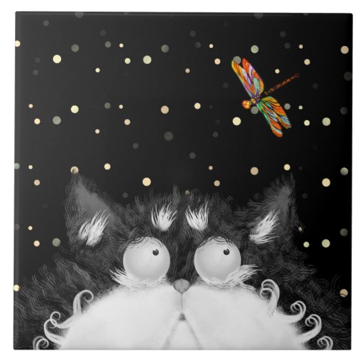 トンボに驚くタキシード猫 タイル (正面)