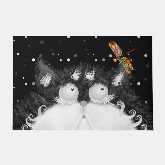 トンボに驚くタキシード猫 ドアマット (正面)