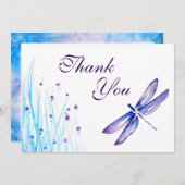 トンボのサンキューカード-青い紫色の水彩画 サンキューカード (正面/裏面)