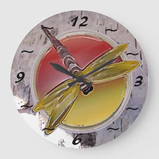 トンボのシンボル樺の木樹皮 ラージ壁時計 (正面)