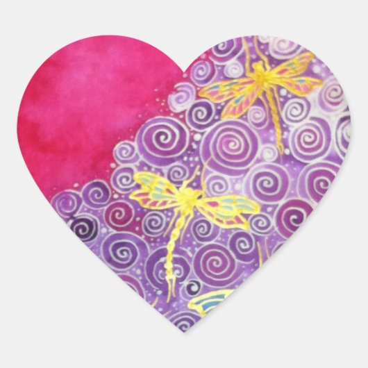 トンボのステッカー：オリジナルの手色彩の鮮やか絹。 ハートシール (正面)