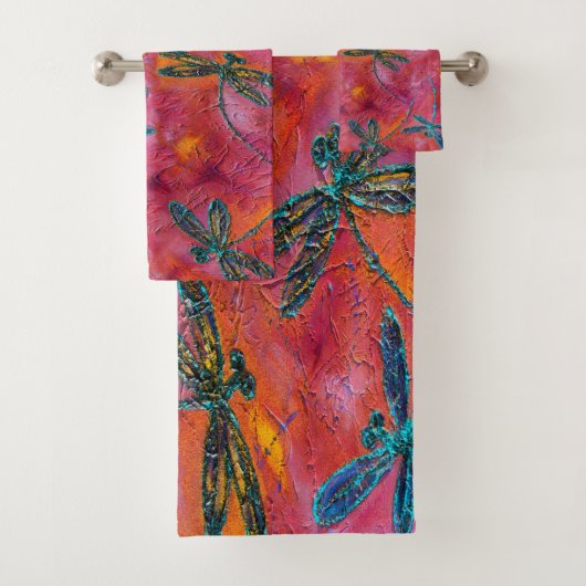 トンボのダンスの熱い赤紫のバスセット バスタオルセット (インサイチュ)