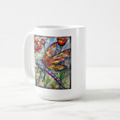 トンボのモザイクのステンドグラスのポピー鮮やかピーな目 コーヒーマグカップ (正面左)