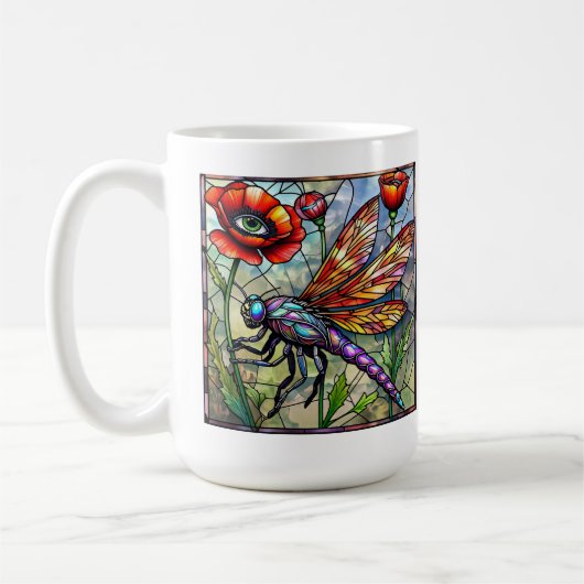 トンボのモザイクのステンドグラスのポピー鮮やかピーな目 コーヒーマグカップ (左)