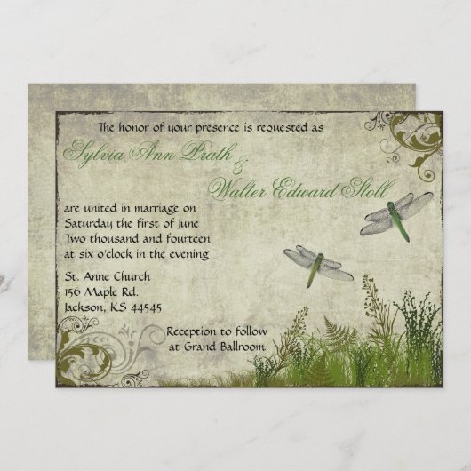 トンボの庭のヴィンテージの結婚式招待状 招待状 (正面/裏面)