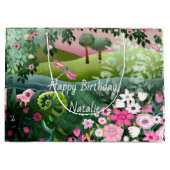 トンボの手でピンクの絵を描草地 ラージペーパーバッグ (正面)