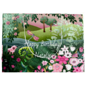 トンボの手でピンクの絵を描草地 ラージペーパーバッグ (裏面)