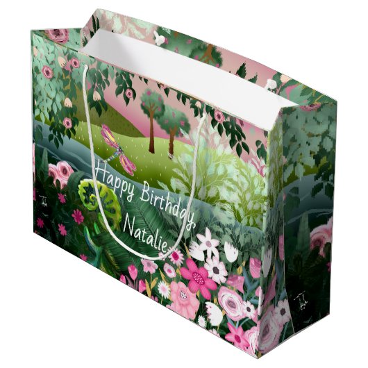 トンボの手でピンクの絵を描草地 ラージペーパーバッグ (裏面アングル)