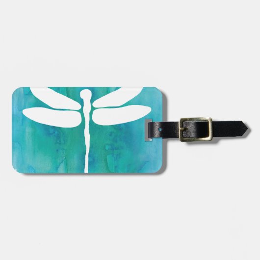 トンボの水彩画の白い水の青のトンボ ラゲッジタグ (正面横)