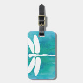 トンボの水彩画の白い水の青のトンボ ラゲッジタグ (正面縦)