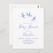 トンボの水彩画 紫と青のベビーシャワー ポストカード (正面/裏面)