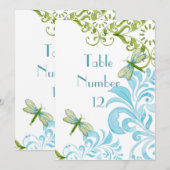 トンボの渦巻きスクロール モダン フラワール テーブル ナンバー 招待状 (正面/裏面)