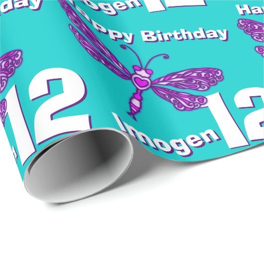 トンボの芸術の水の年齢の名前の第12誕生日の覆い ラッピングペーパー (ロールコーナー)