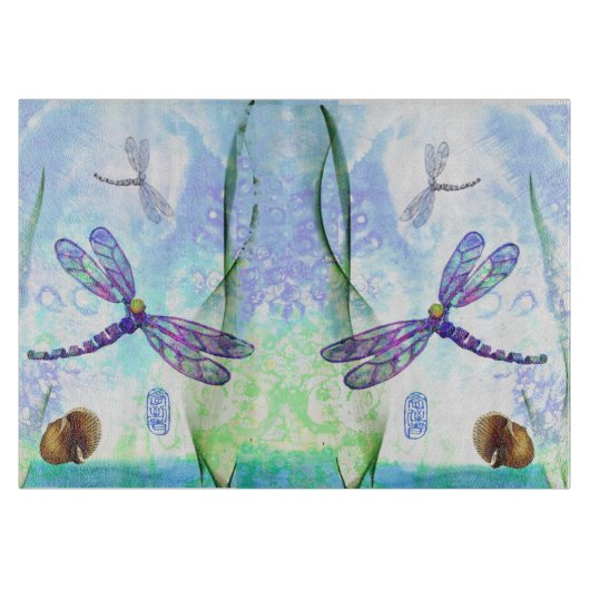 トンボの装飾的なガラスまな板 カッティングボード (正面)