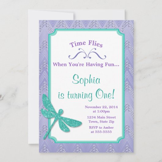 トンボの誕生日の招待状のピンクのグリッターの女の子 招待状 (正面)