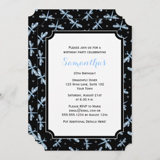 トンボの黒と青の誕生日パーティー 招待状 (正面/裏面)