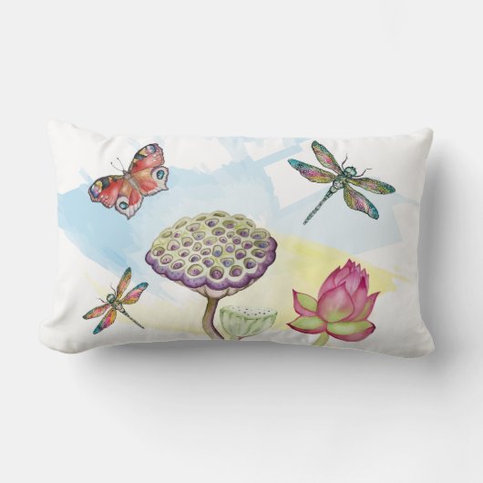 トンボや蝶の水彩模様 ランバークッション (正面)