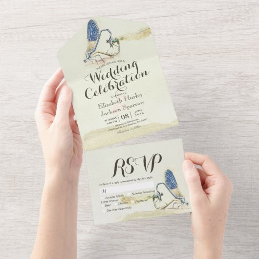 トンボカップル交配ハート形状結婚式RSVP オールインワン招待状 (貼ってはがせる)