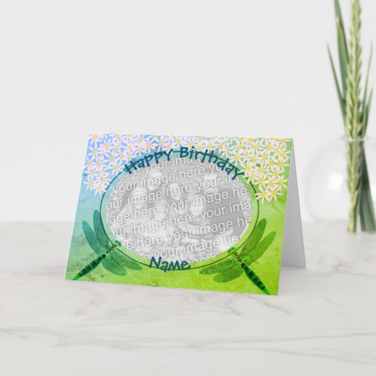トンボデイジーパーソナライズされた写真誕生日カード カード (正面)