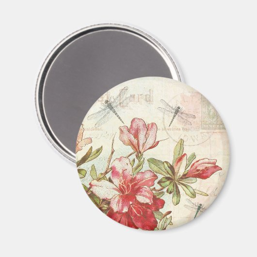 トンボヴィンテージフローラ赤い花ツツジ マグネット (正面/裏面)