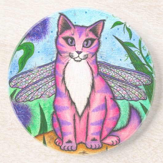 トンボ妖精猫のファンタジーの芸術のコースター コースター (正面)