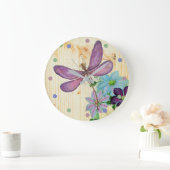 トンボ素朴イ紫の花ブルーウッドシャビー ラージ壁時計 (ホーム)