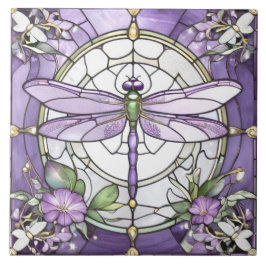 トンボ紫と白のステンドグラスの花 タイル