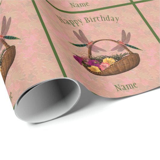 トンボ花籠アートパーソナライズされた誕生日 ラッピングペーパー (ロールコーナー)