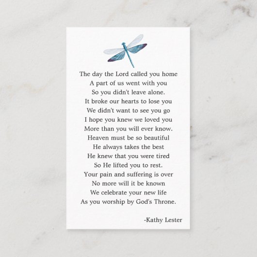 トンボ葬儀記念祈りの言葉フォトカード 名刺 (裏面)