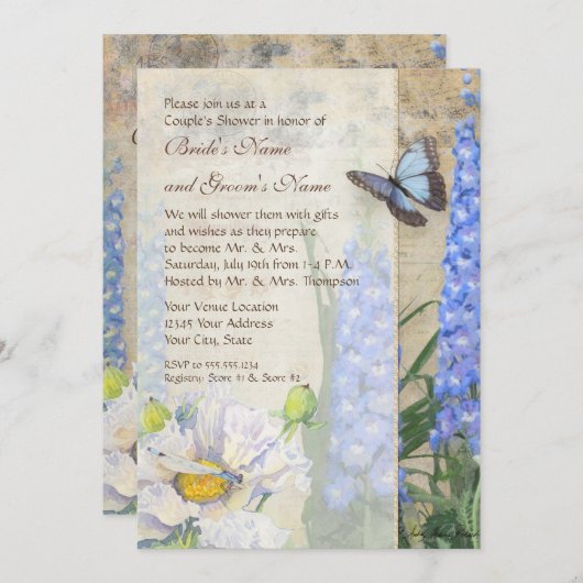 トンボ蝶デルフィニウムカップルシャワー 招待状 (正面/裏面)