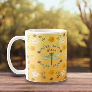 トンボ金ゴールド、緑、黄色の花 コーヒーマグカップ
